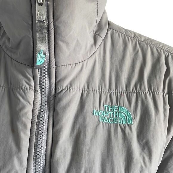 EUC! The North Face Gray Teal Mock Turtle Zip Up Puffer Jacket - Girls XL/Women’ - Picture 3 of 11